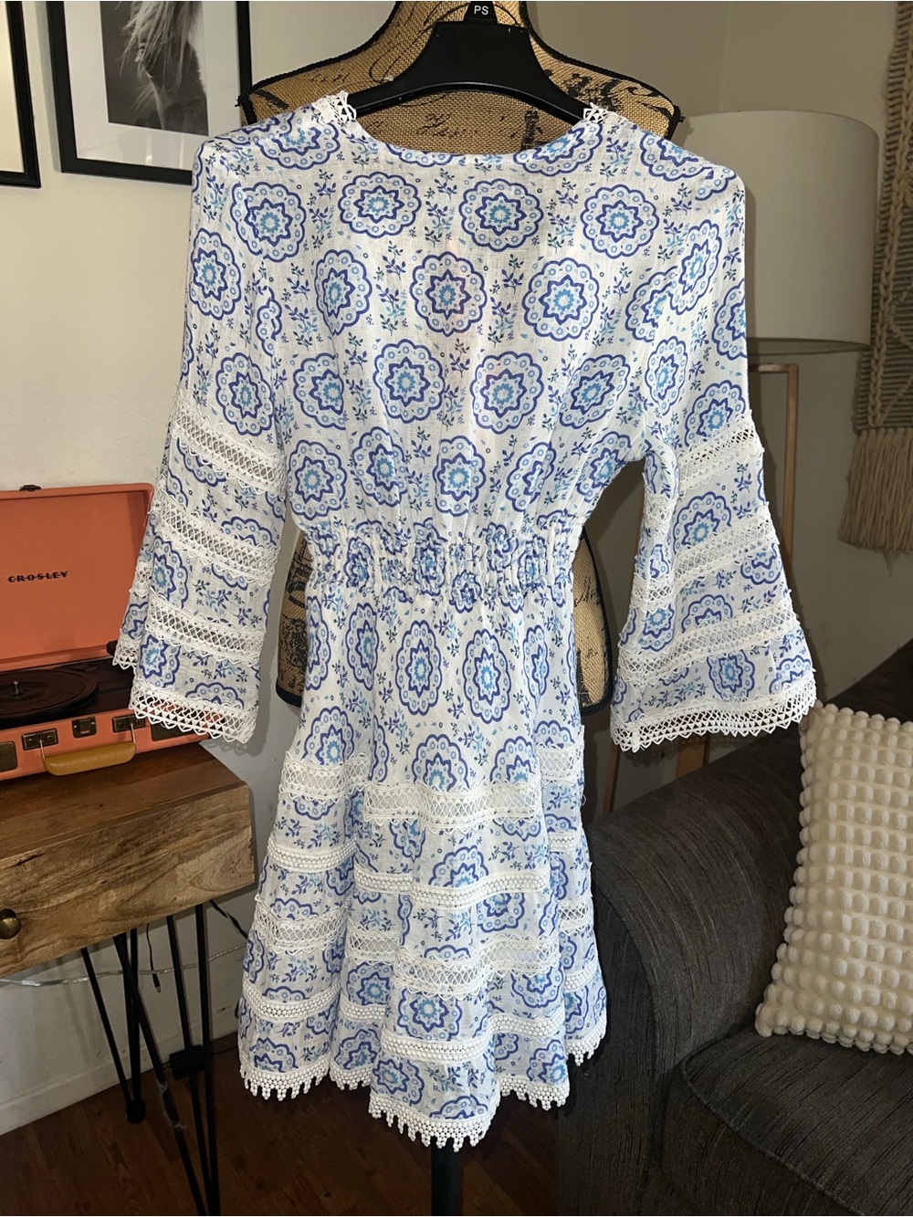 Temptation Positano Blue & White Linen Shirt Bell Sleeve Dress Size Small - Picture 4 of 13